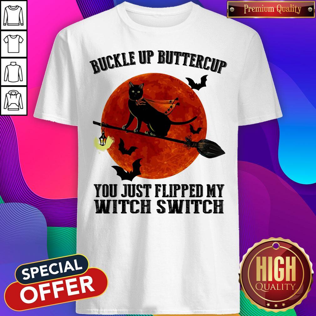 Buckle Up Buttercup You Just Flipped My Witch Switch Cat Sunset Halloween Shirt