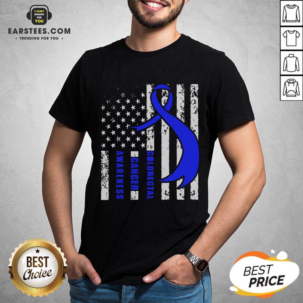 Funny Colorectal Cancer Awareness American Flag Blue Ribbon Shirt
