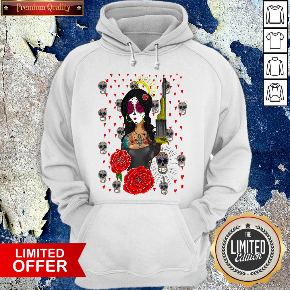 Girls Guns Rose And Skulls Dia De Los Muertos T-Shirt