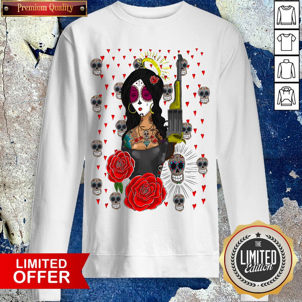 Girls Guns Rose And Skulls Dia De Los Muertos T-Shirt