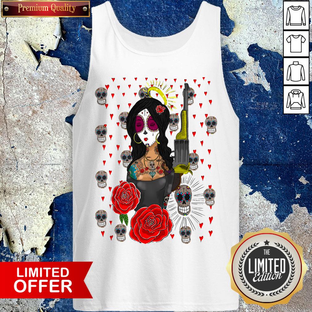 Girls Guns Rose And Skulls Dia De Los Muertos T-Shirt