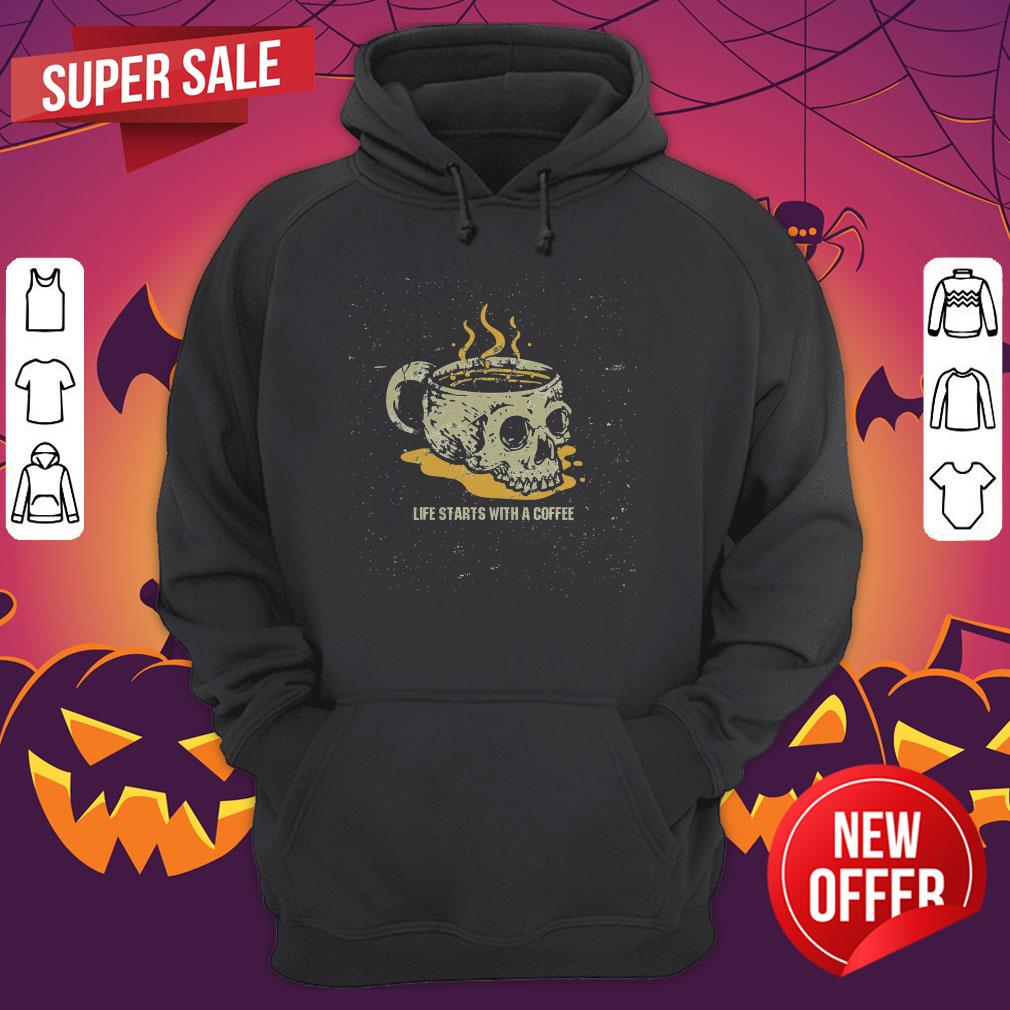 Halloween Coffee Drinking Skeleton Skull Life Starts With A Coffee Shirt
