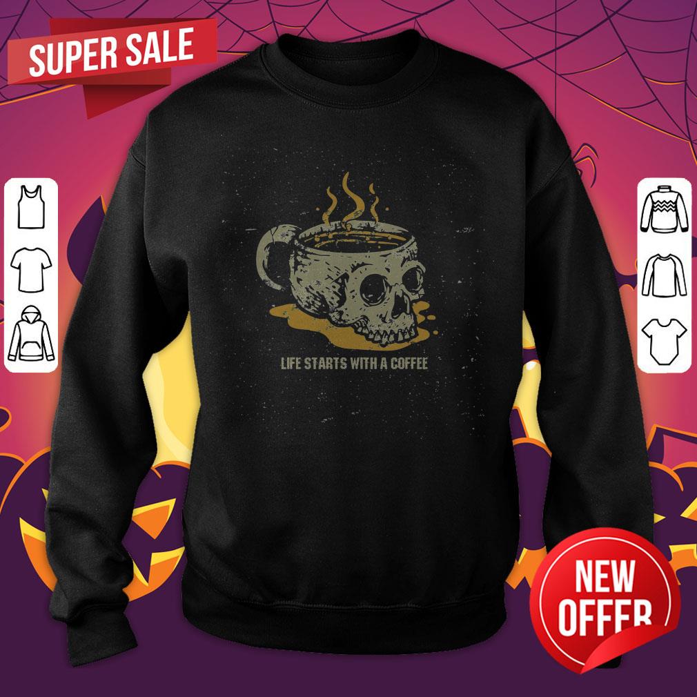Halloween Coffee Drinking Skeleton Skull Life Starts With A Coffee Shirt