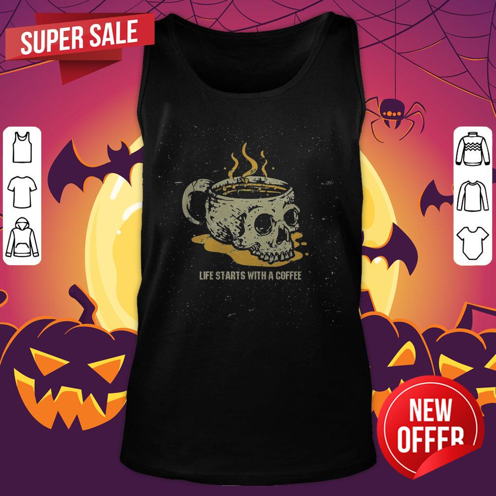 Halloween Coffee Drinking Skeleton Skull Life Starts With A Coffee Shirt