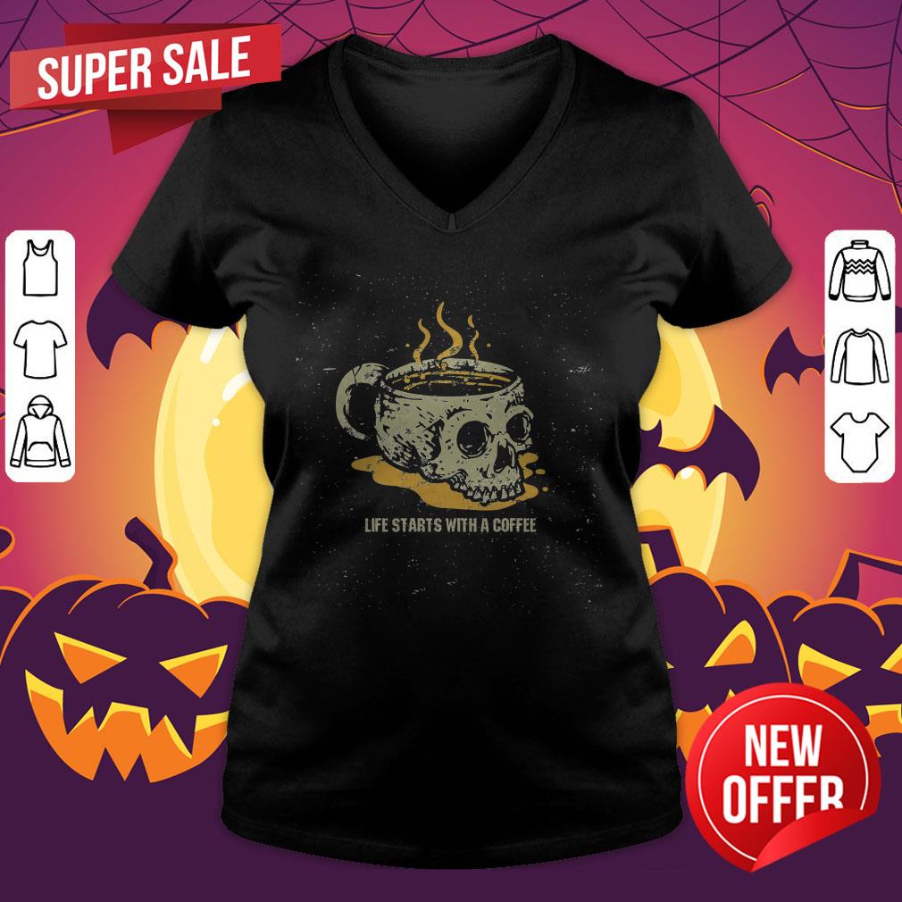 Halloween Coffee Drinking Skeleton Skull Life Starts With A Coffee Shirt