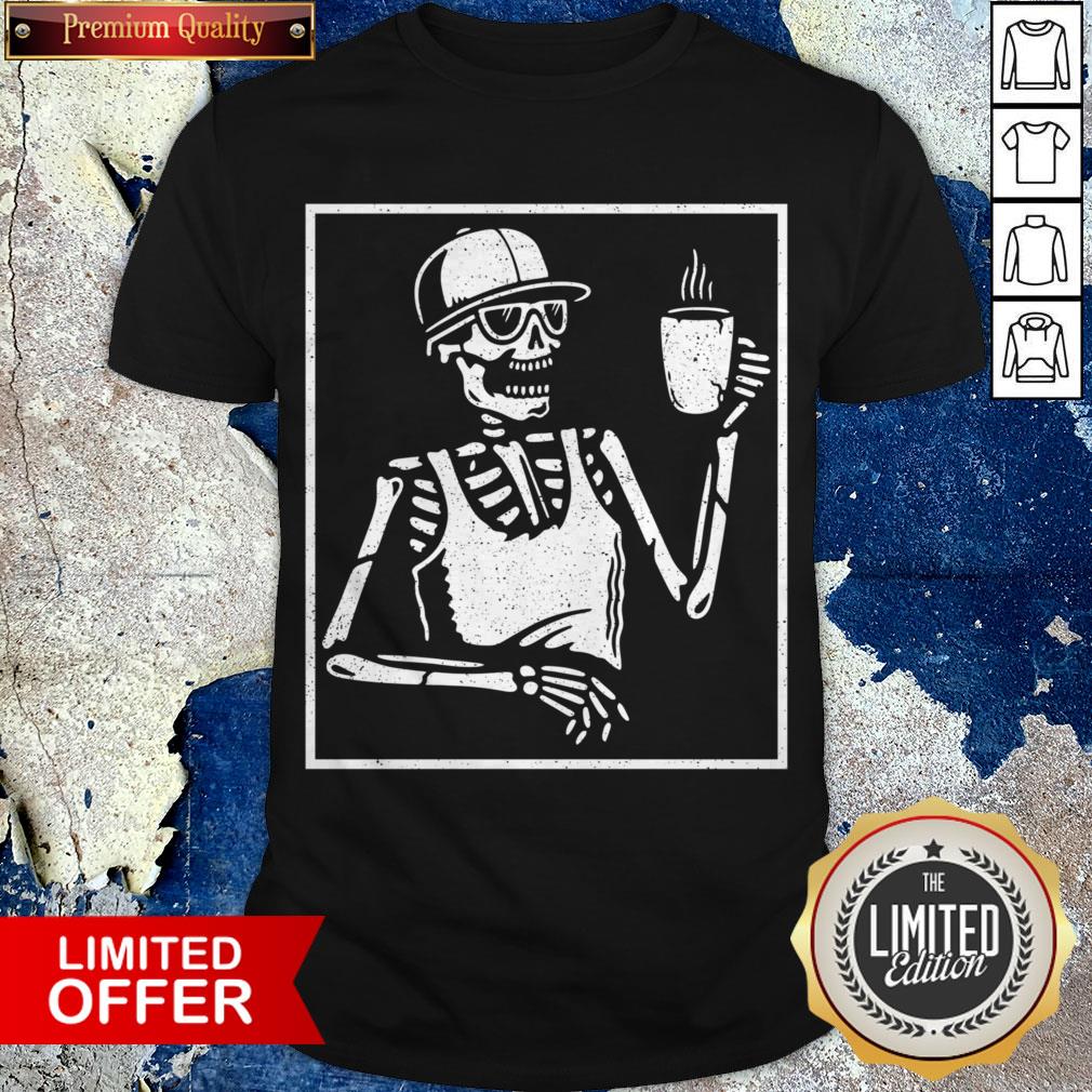 Halloween Coffee Drinking Skeleton Skull Shirt