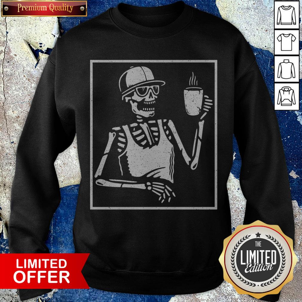 Halloween Coffee Drinking Skeleton Skull Shirt