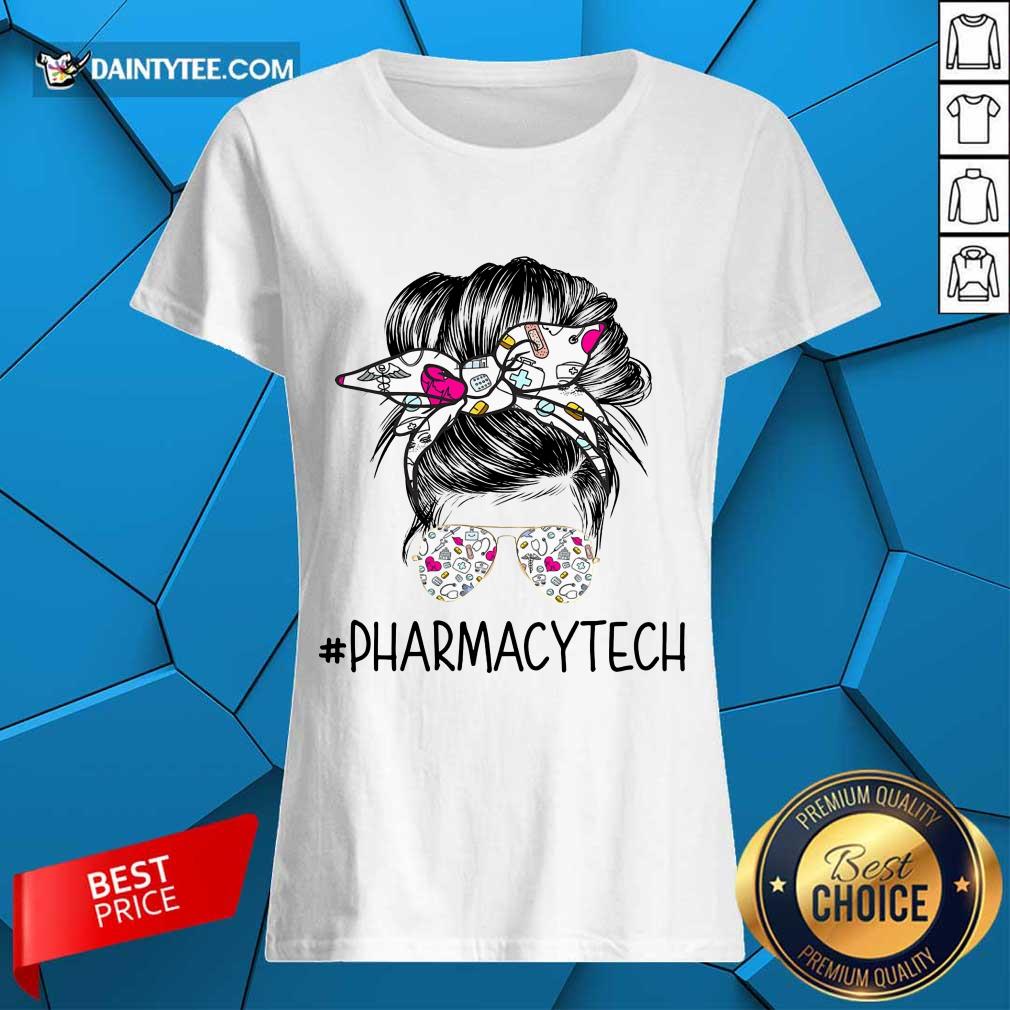 Happy Pharmacy Tech Girl Bun Hair Glasses Shirt