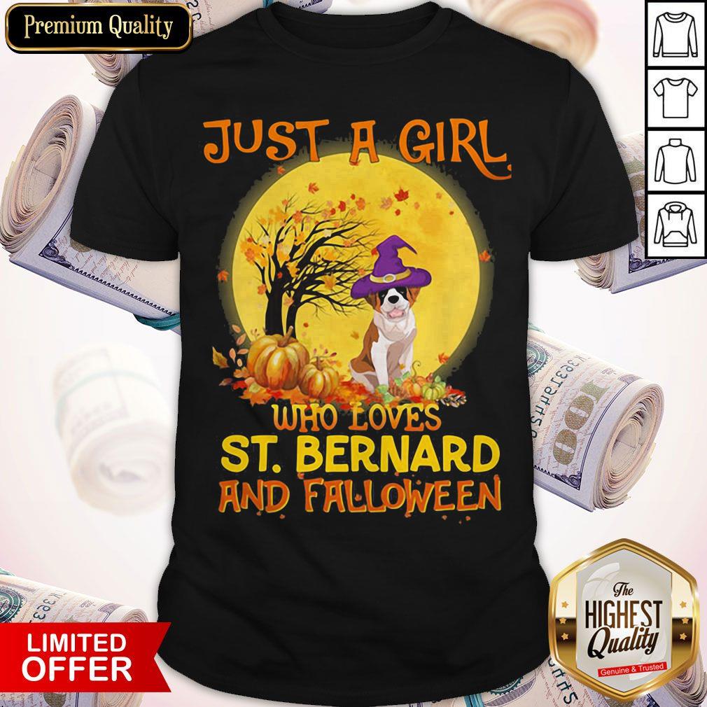 Just A Girl Who Loves St.Bernard And Falloween Pumpkin Sunset Halloween Shirt