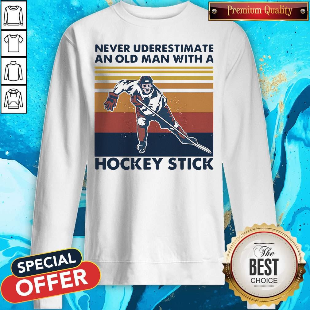 Never Underestimate An Old Man With A Hockey Stick Vintage Retro Shirt