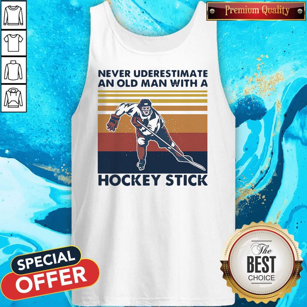 Never Underestimate An Old Man With A Hockey Stick Vintage Retro Shirt