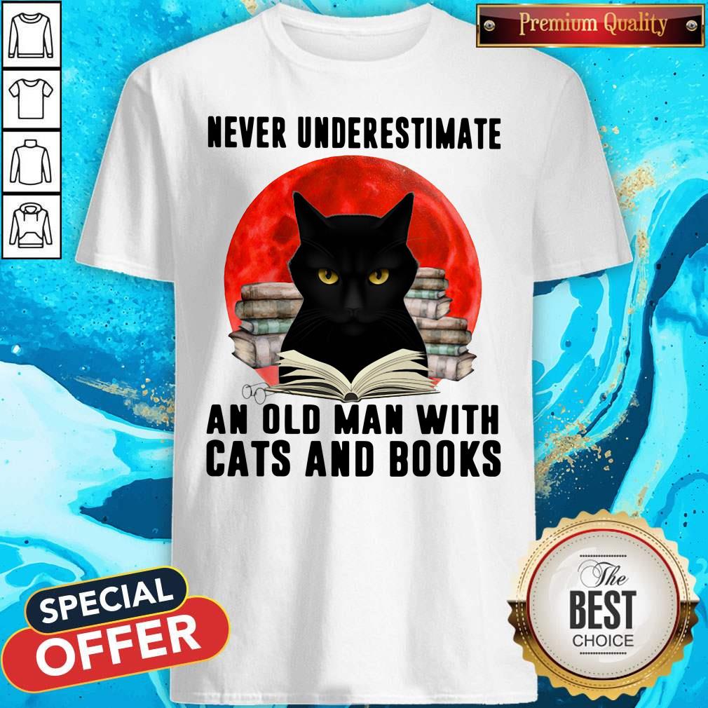 Never Underestimate An Old Man With Cats And Books Moon Shirt