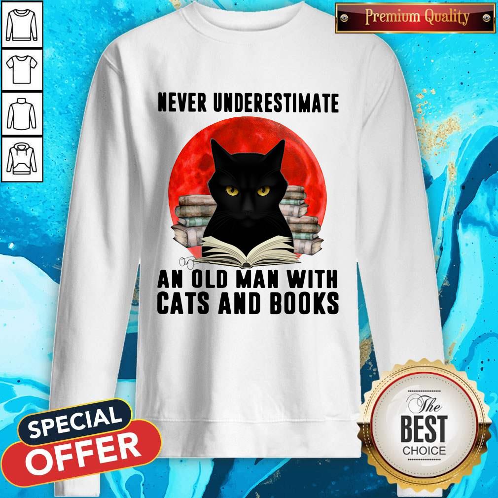 Never Underestimate An Old Man With Cats And Books Moon Shirt