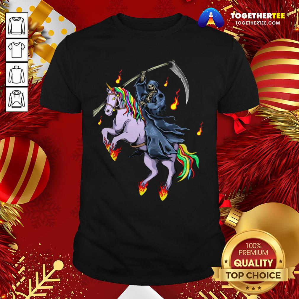 Nice Grim Reaper Skeleton Death Riding A Unicorn Fire Shirt