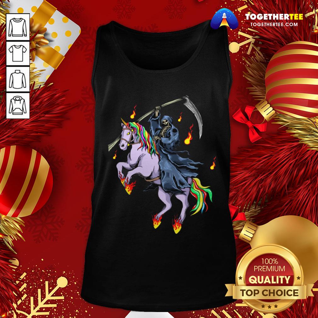 Nice Grim Reaper Skeleton Death Riding A Unicorn Fire Shirt