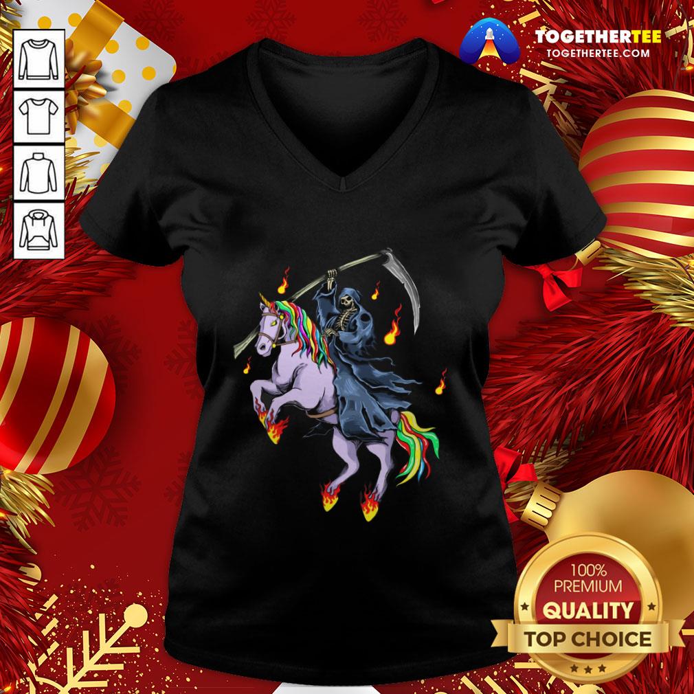 Nice Grim Reaper Skeleton Death Riding A Unicorn Fire Shirt