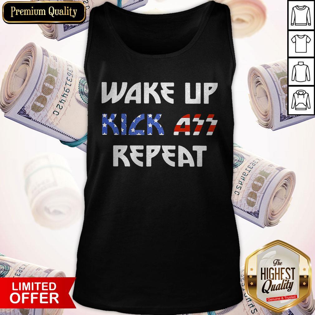 Nice Wake Up Kick Ass Repeat American Flag Shirt