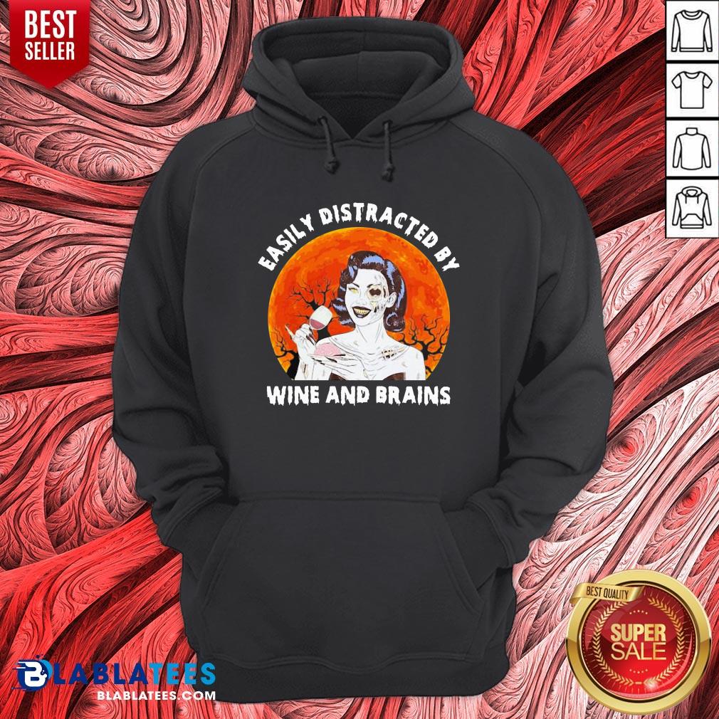 Funny Zombie Easily Distracted By Wine And Brains Moon Halloween Shirt