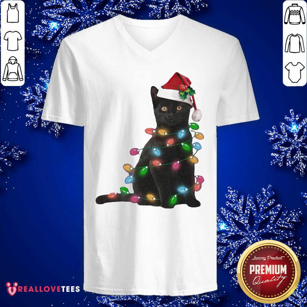 Perfect Black Cat Hat Santa Happy Light Christmas 2020 Shirt