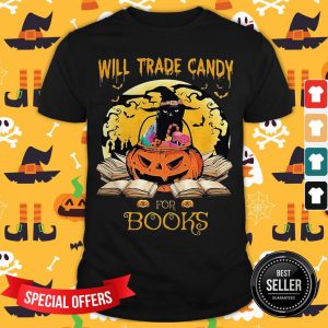 Halloween Cat Witch Will Trade Candy For Books Moon Shirt