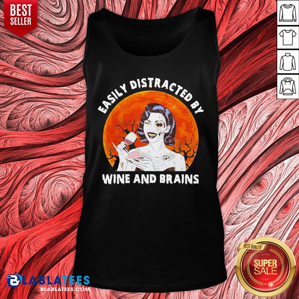 Funny Zombie Easily Distracted By Wine And Brains Moon Halloween Shirt