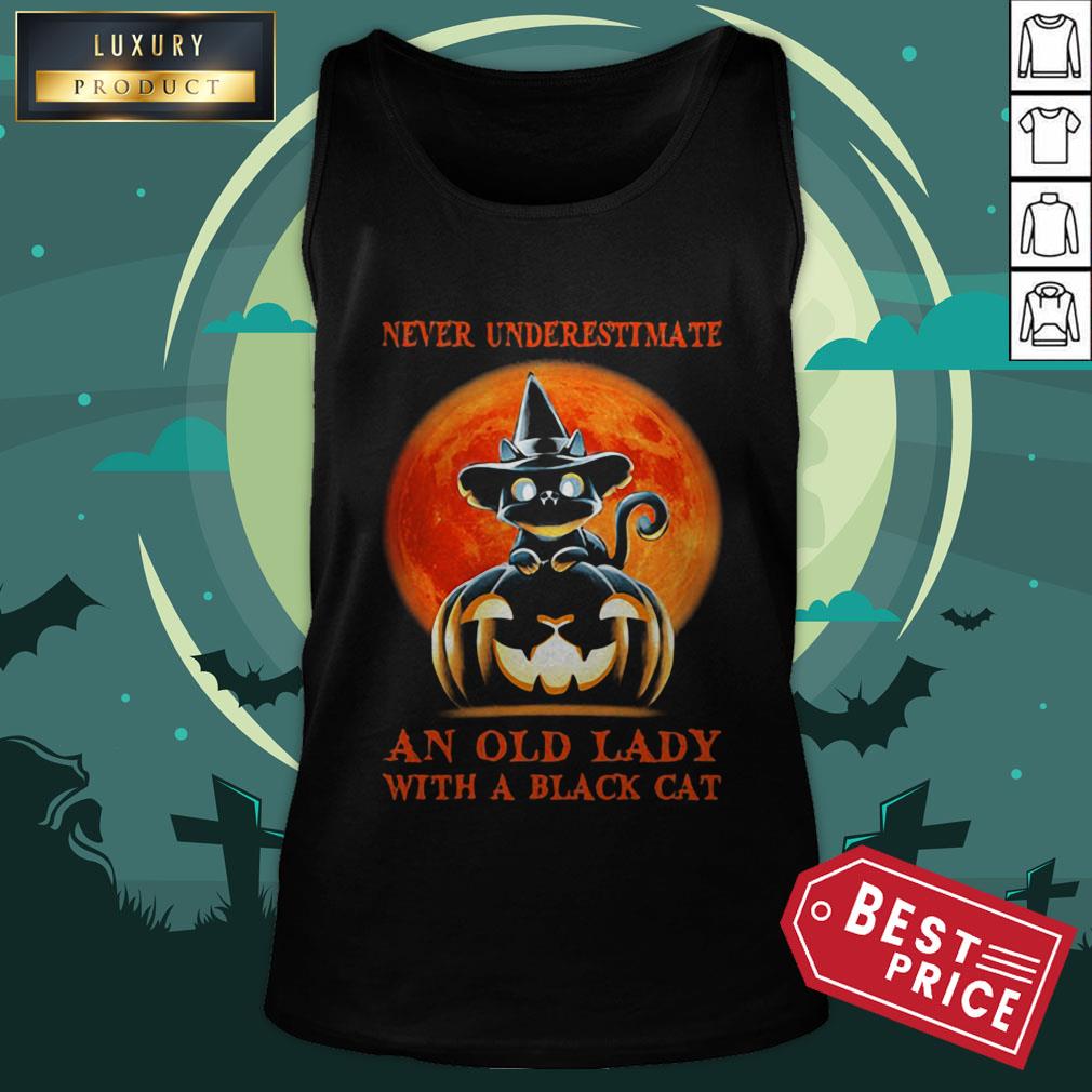 Never Underestimate An Old Lady With A Black Cat Pumpkin Sunset Halloween Shirt