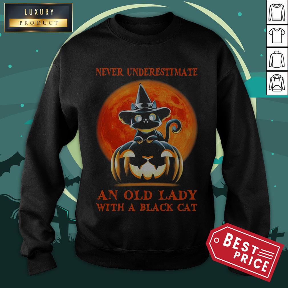 Never Underestimate An Old Lady With A Black Cat Pumpkin Sunset Halloween Shirt