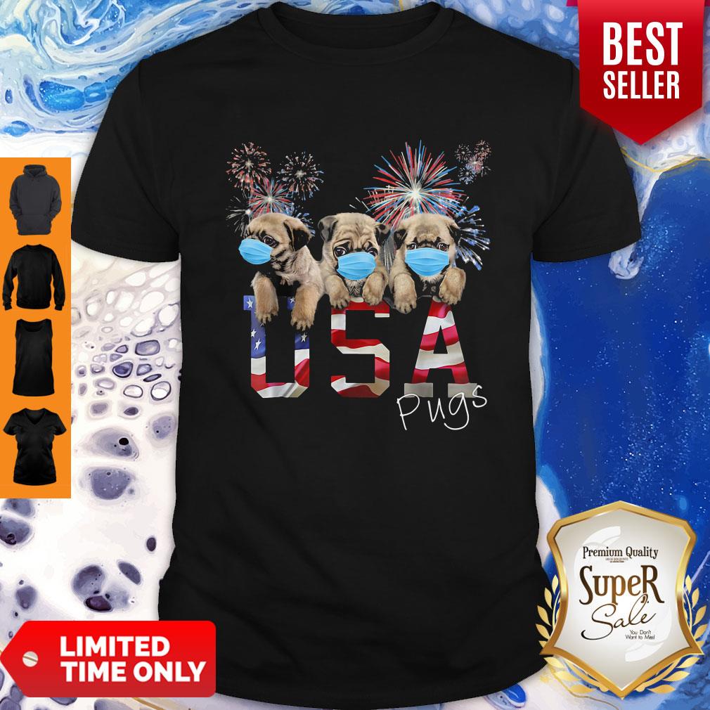 Pugs Wear Mask Usa Flag Firework Independence Day T-Shirt
