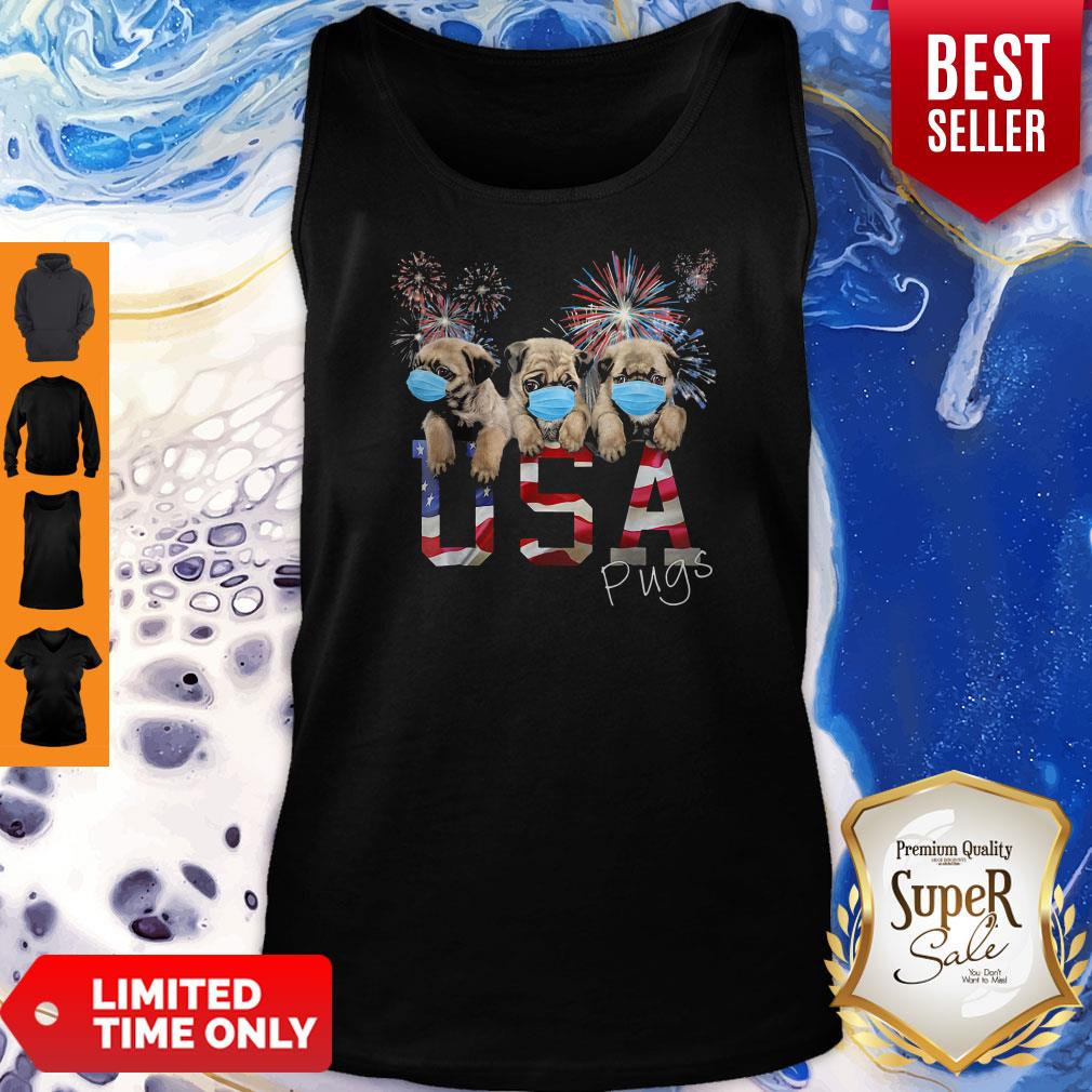Pugs Wear Mask Usa Flag Firework Independence Day T-Shirt