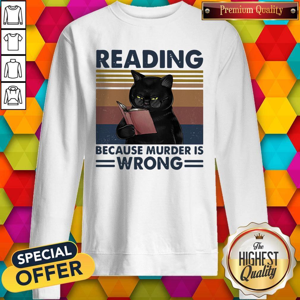 Black Cat Read Books Reading Because Murder Is Wrong Vintage Retro Shirt