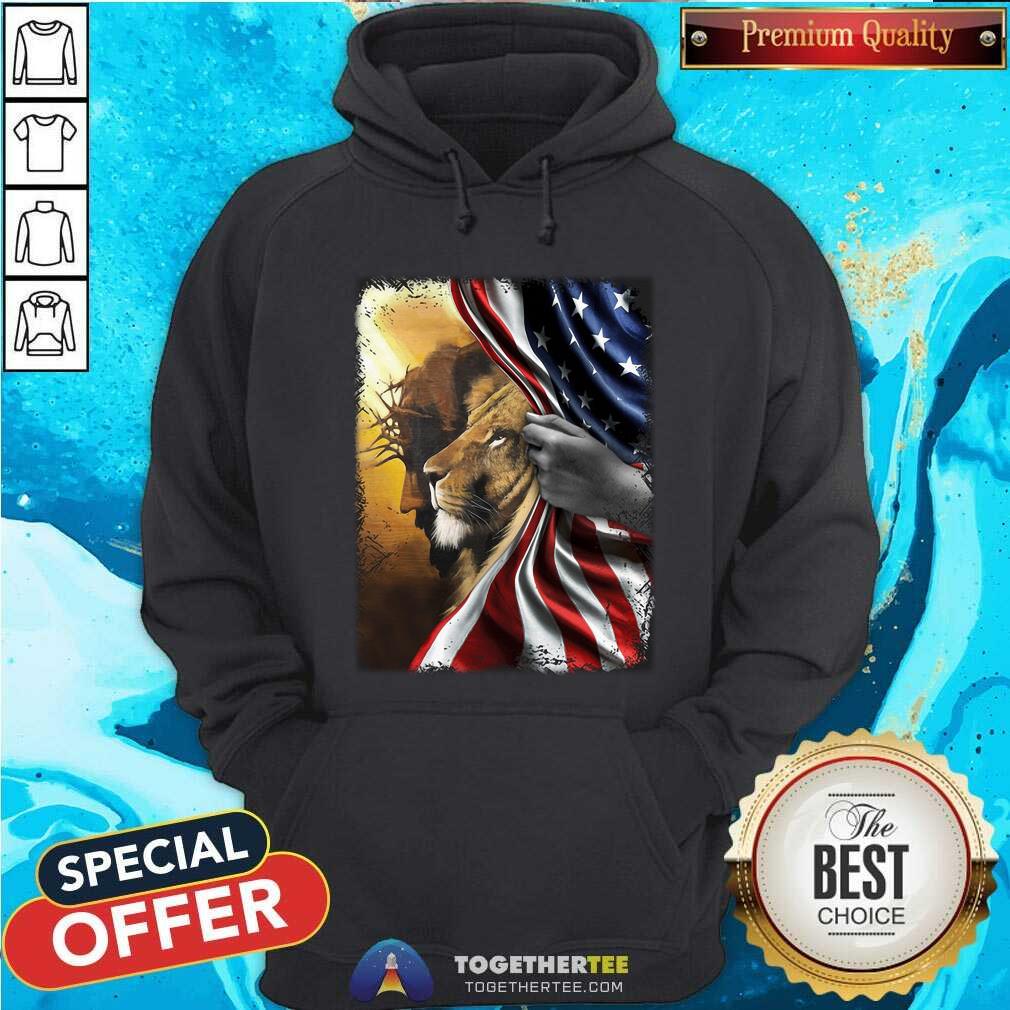 God And Lion Behind American Flag Shirt