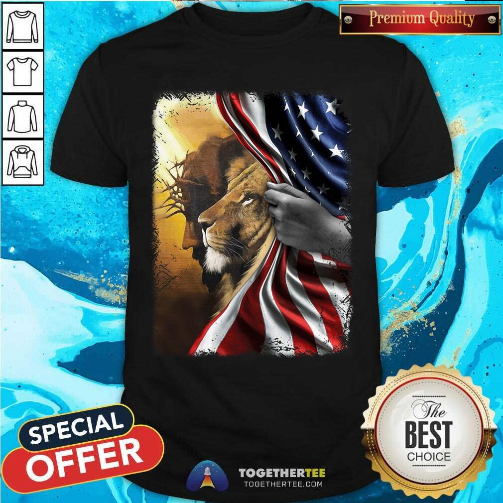God And Lion Behind American Flag Shirt