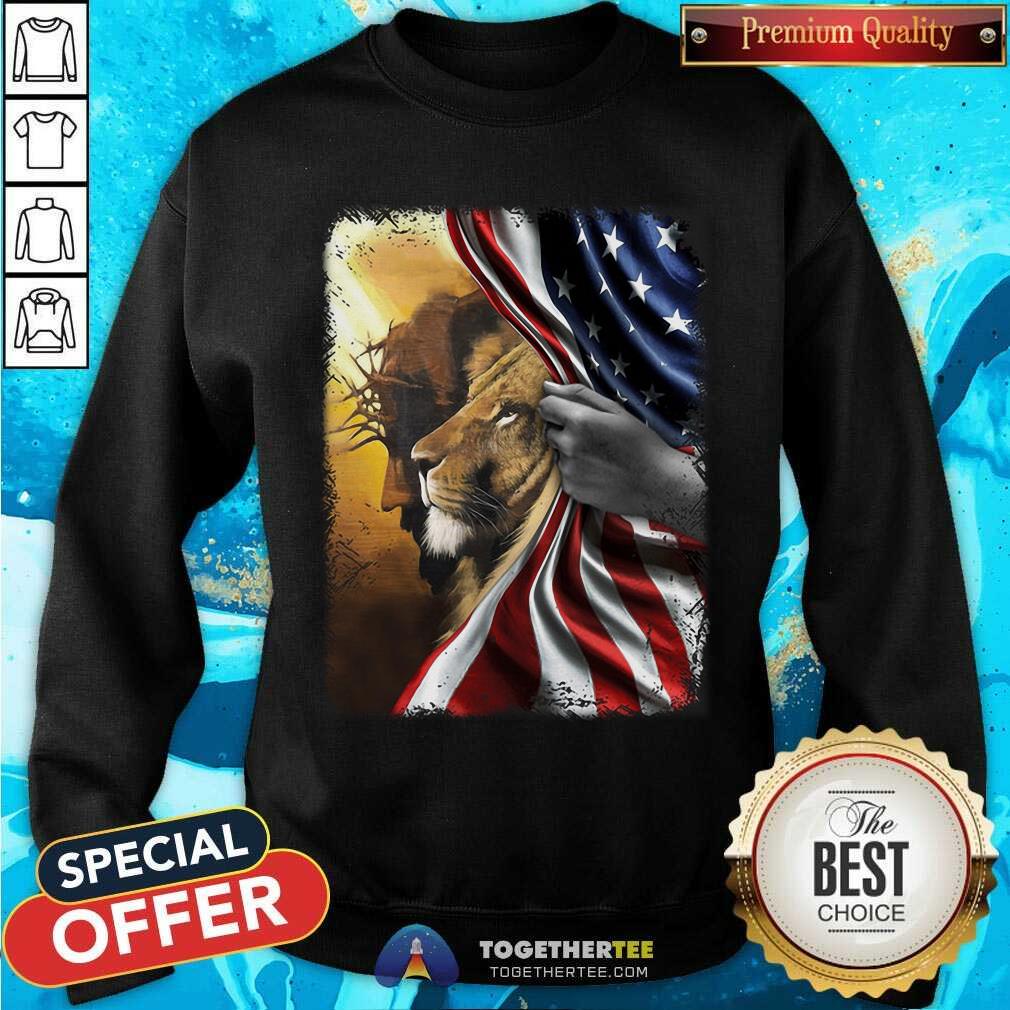 God And Lion Behind American Flag Shirt