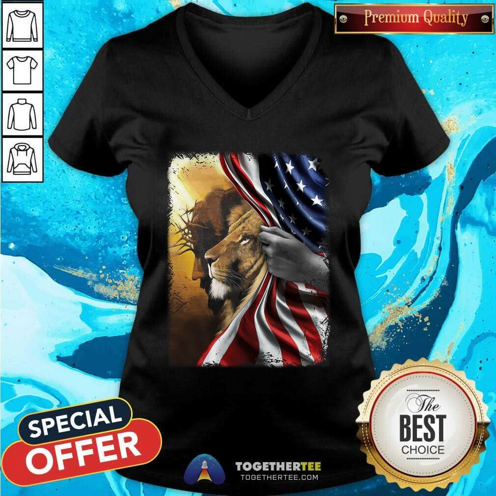 God And Lion Behind American Flag Shirt