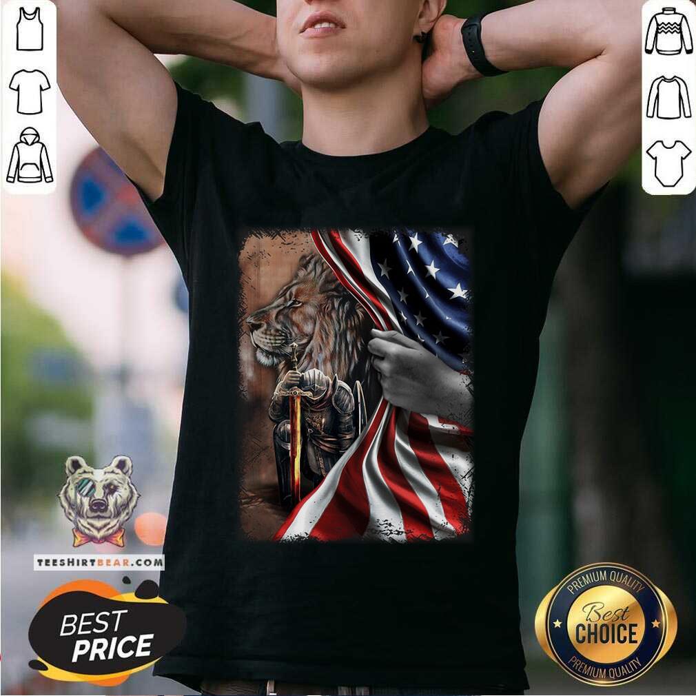 Knight And Lion Behind American Flag Shirt