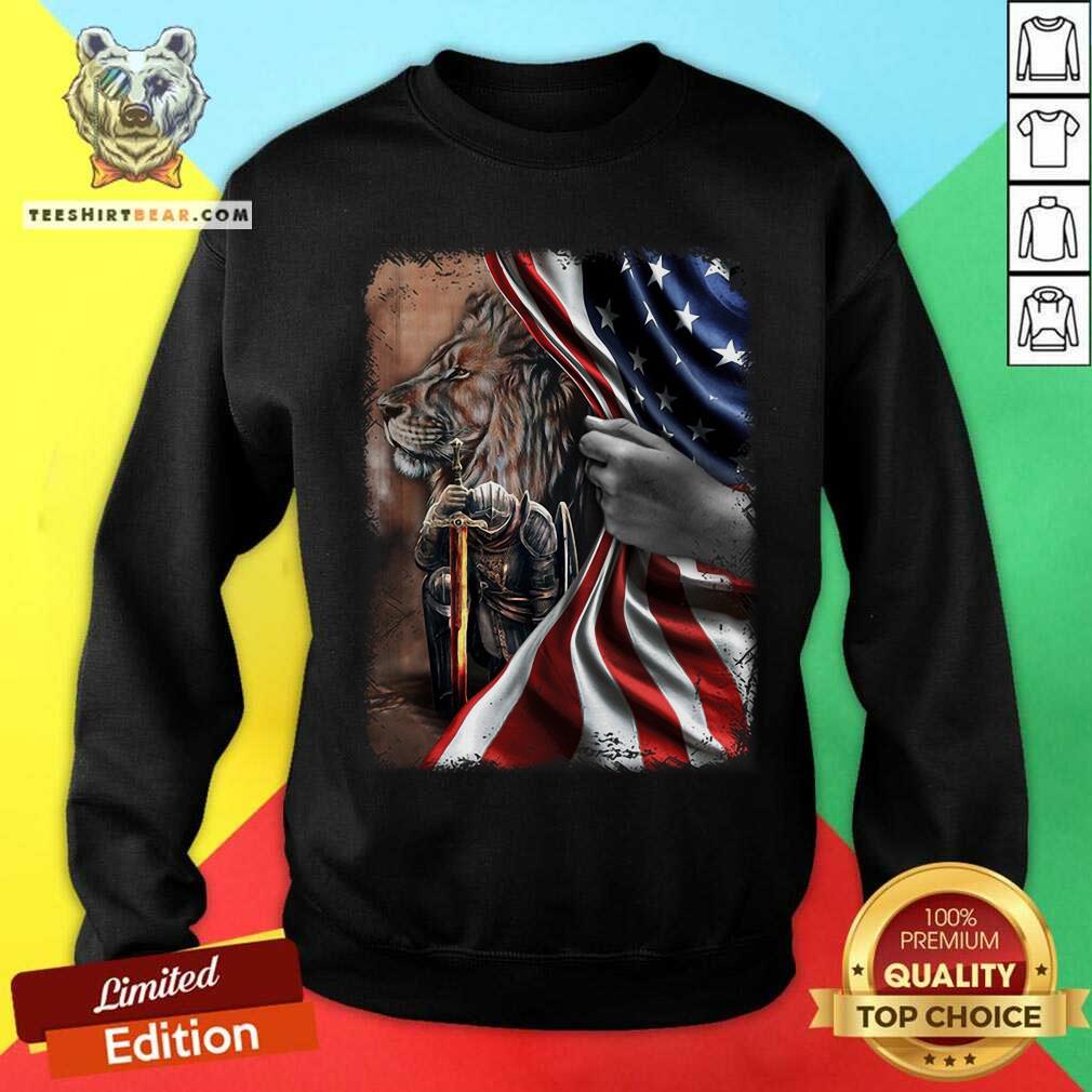 Knight And Lion Behind American Flag Shirt