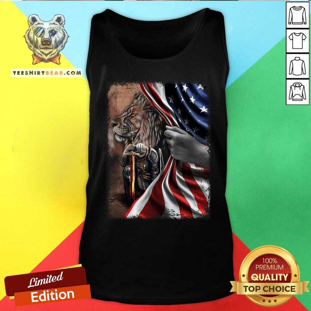 Knight And Lion Behind American Flag Shirt