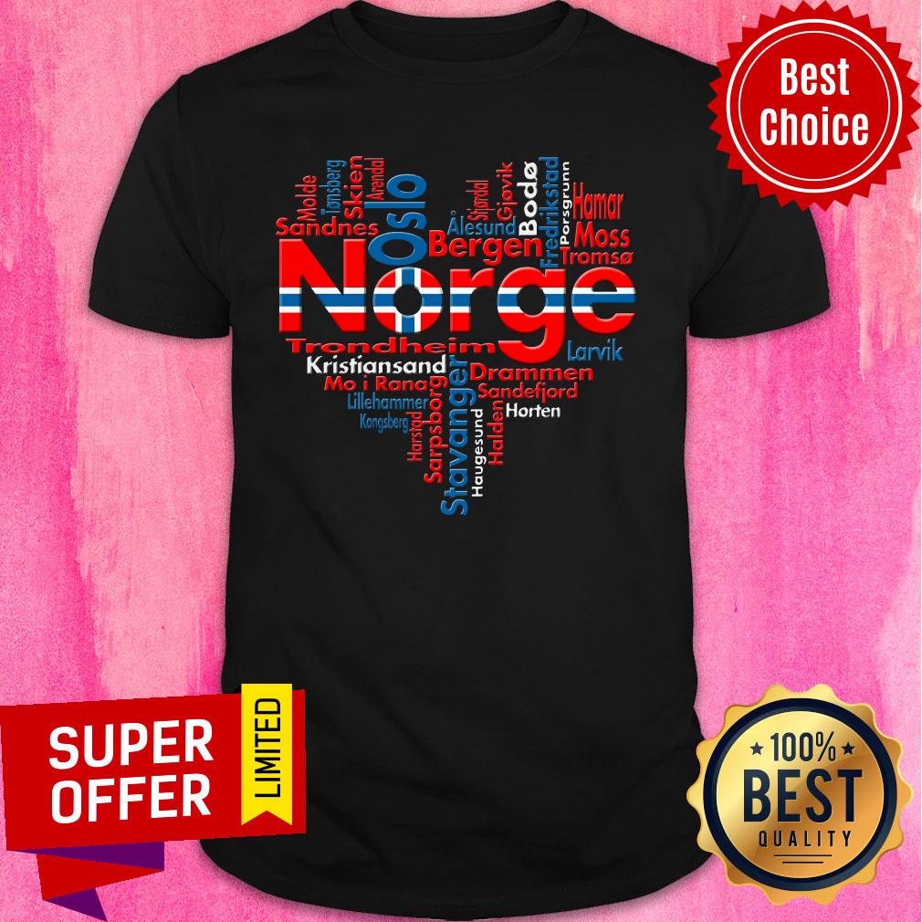 List Of Cities In Norway Composed In Love Sign Norge Flag Shirt