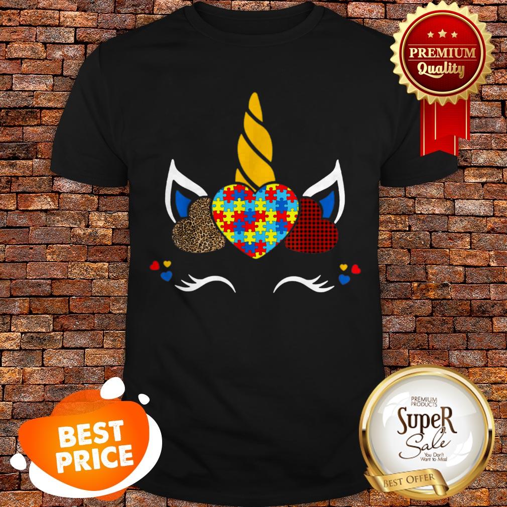 Nice Autism Awareness Unicorn Girl Red Plaid Leopard Print Hearts Shirt