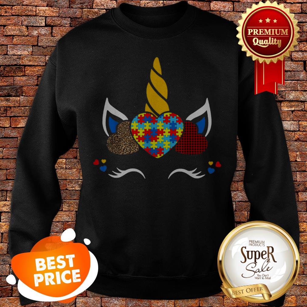 Nice Autism Awareness Unicorn Girl Red Plaid Leopard Print Hearts Shirt