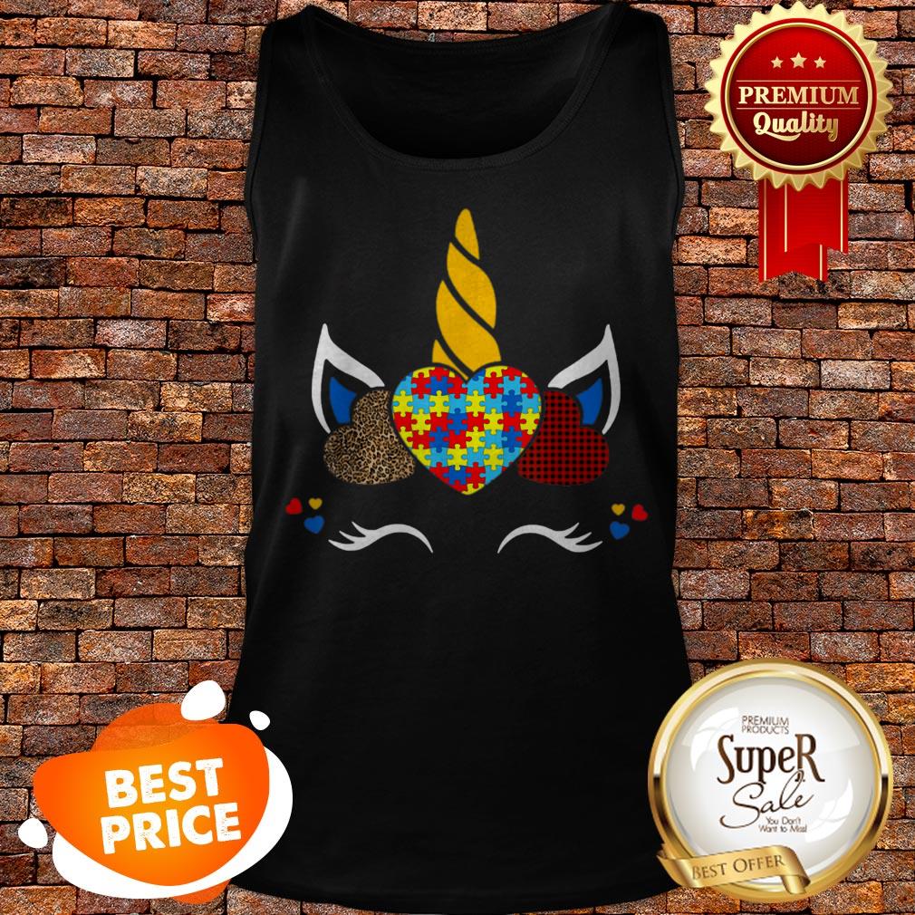 Nice Autism Awareness Unicorn Girl Red Plaid Leopard Print Hearts Shirt