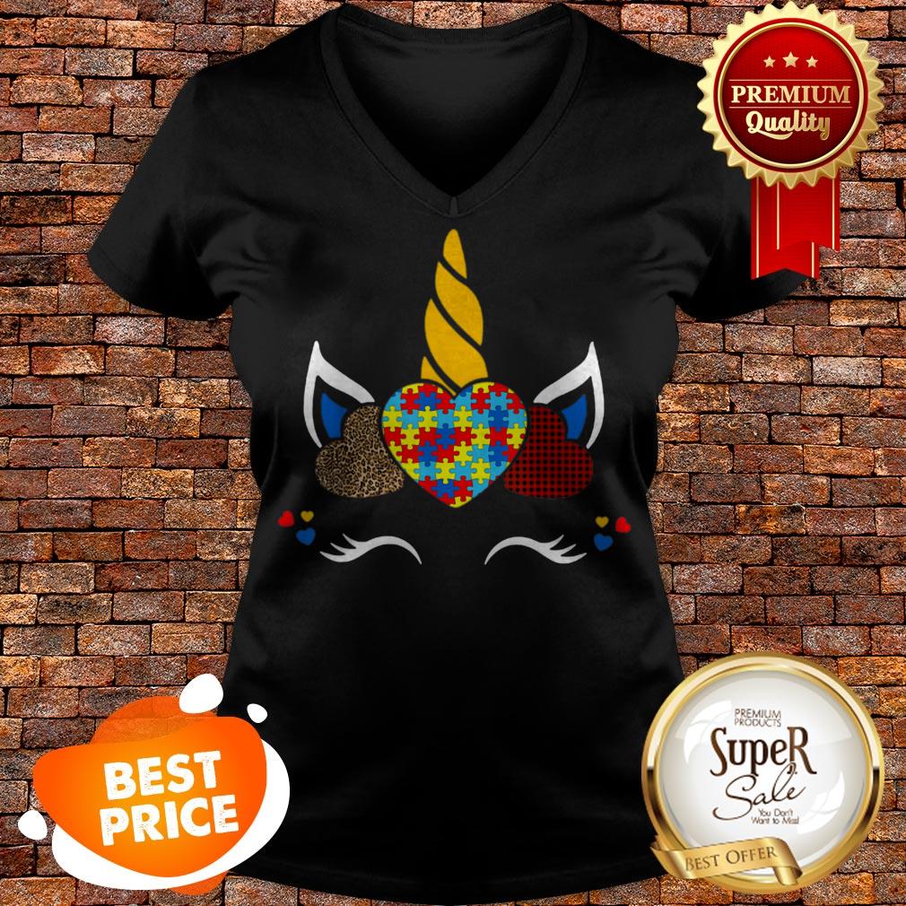 Nice Autism Awareness Unicorn Girl Red Plaid Leopard Print Hearts Shirt