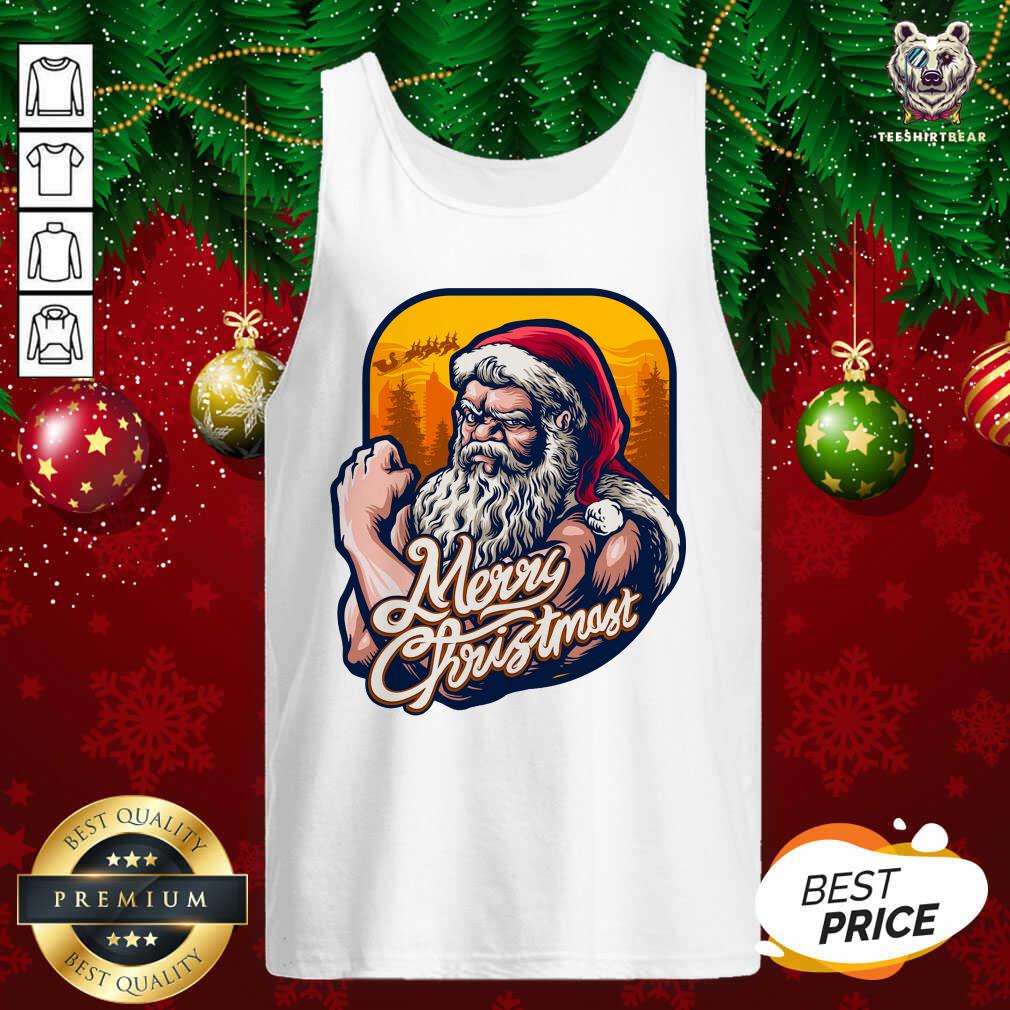 Nice Xmas Strong Cool Santa Claus Merry Christmas With Background Tree Shirt