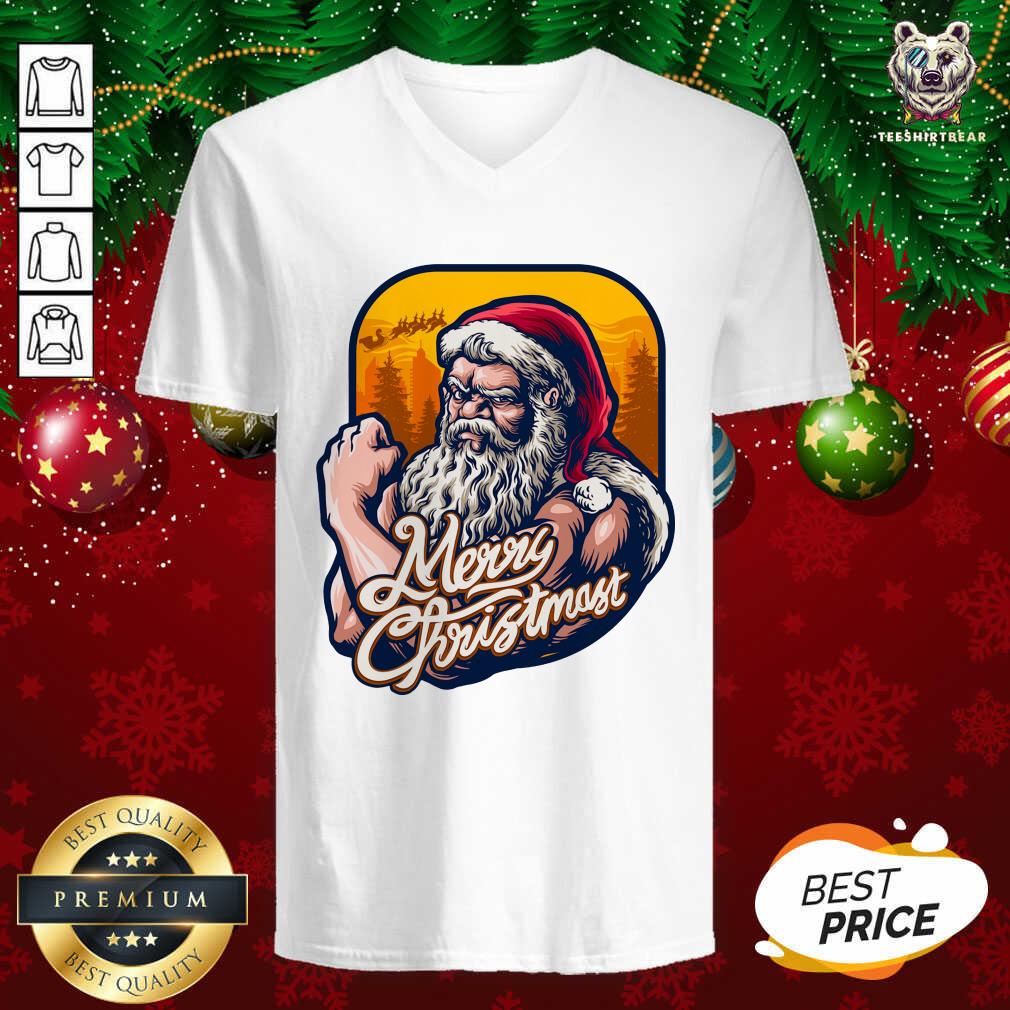 Nice Xmas Strong Cool Santa Claus Merry Christmas With Background Tree Shirt
