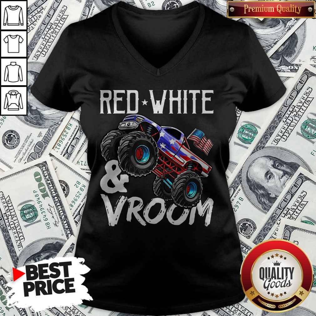 Premium Red White Vroom Monster Truck American Flag July 4Th Shirt