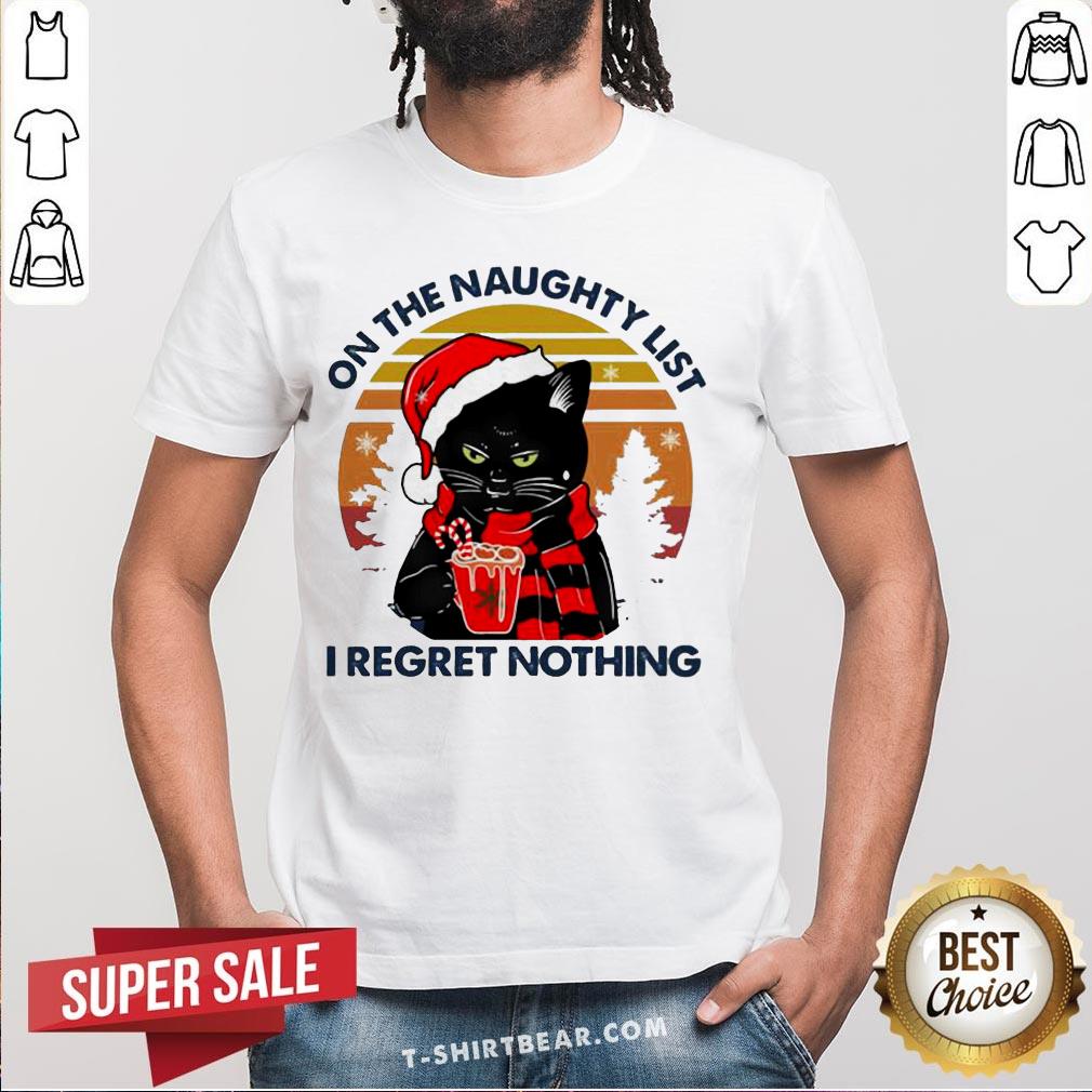 Cute Cat Drink Coffee On The Naughty List I Regret Nothing Vintage Retro Shirt