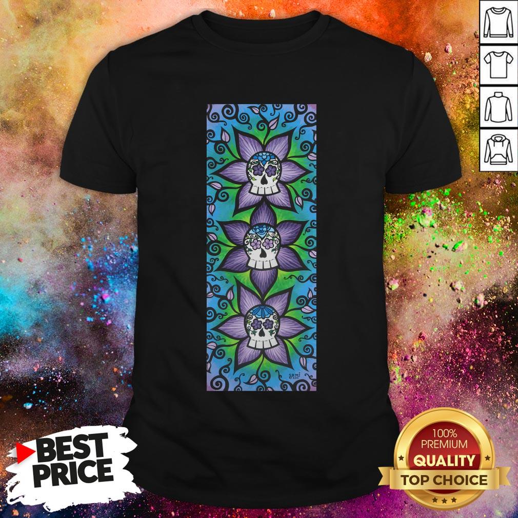 Three Sugar Skulls Purple Flowers T-Shirt
