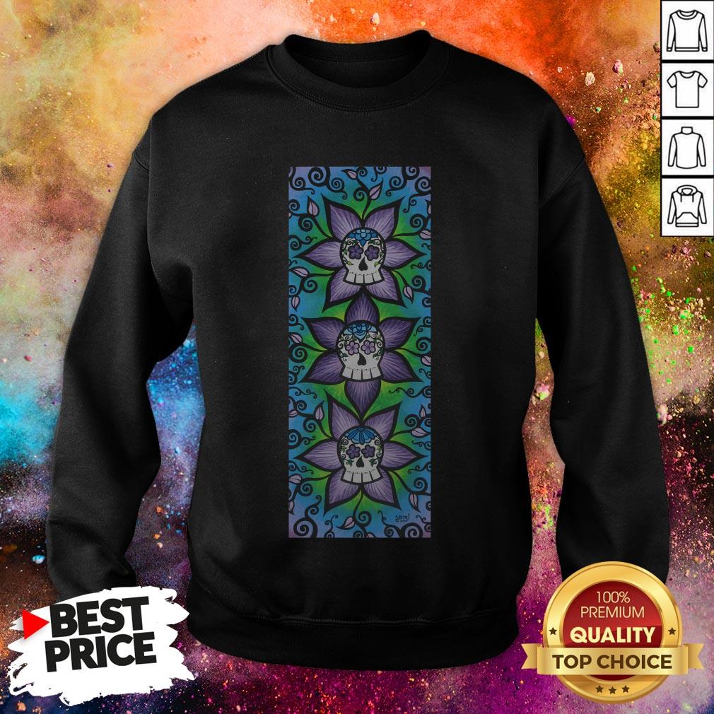 Three Sugar Skulls Purple Flowers T-Shirt