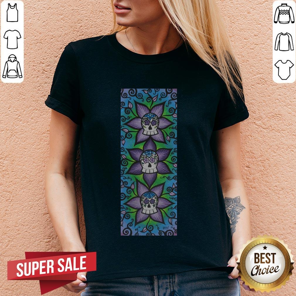 Three Sugar Skulls Purple Flowers T-Shirt