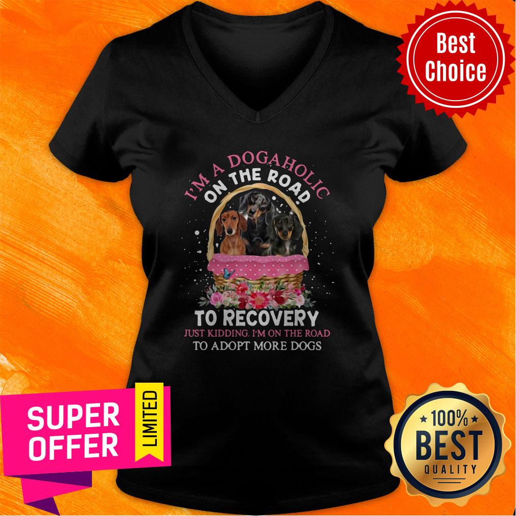 dachshund-lovers-dogaholic-road-to-recovery-just-kidding-im-on-the-road-adopt-more-dogs-v-neck.jpg